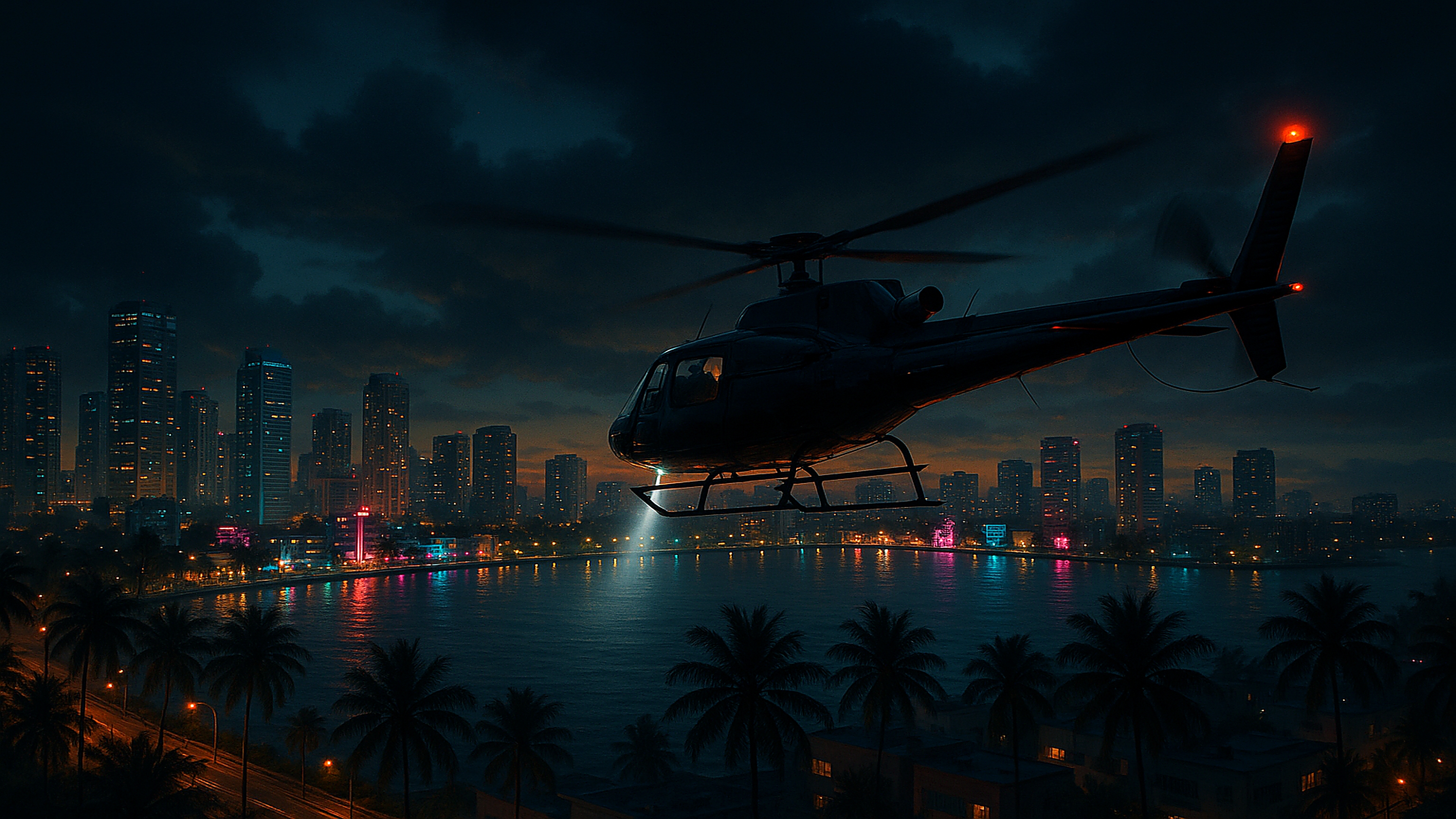 GTA VI Helicopter Flying Above Tropical City At Night Wallpaper