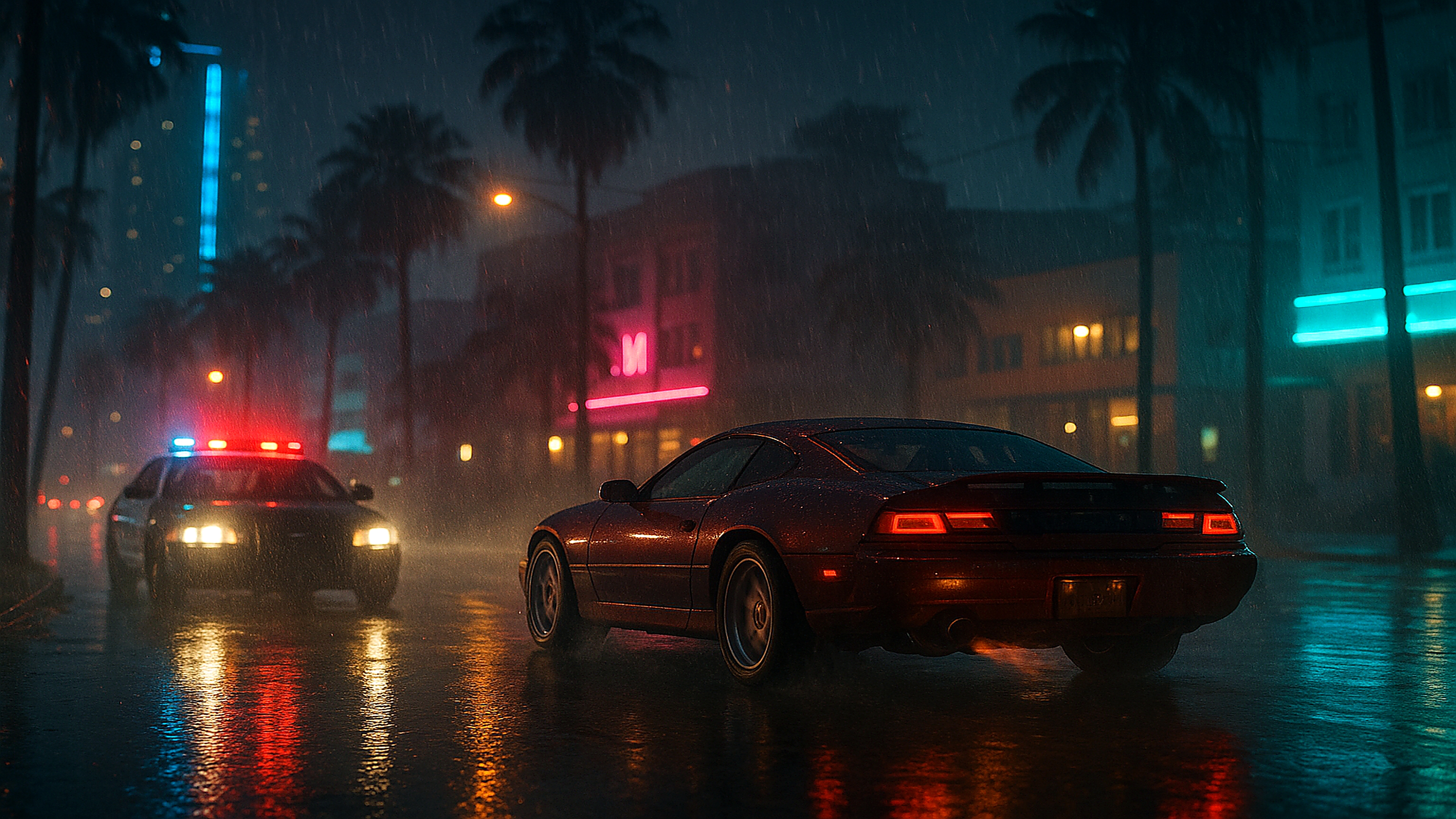 GTA VI Police Chase Rainy Night City Wallpaper