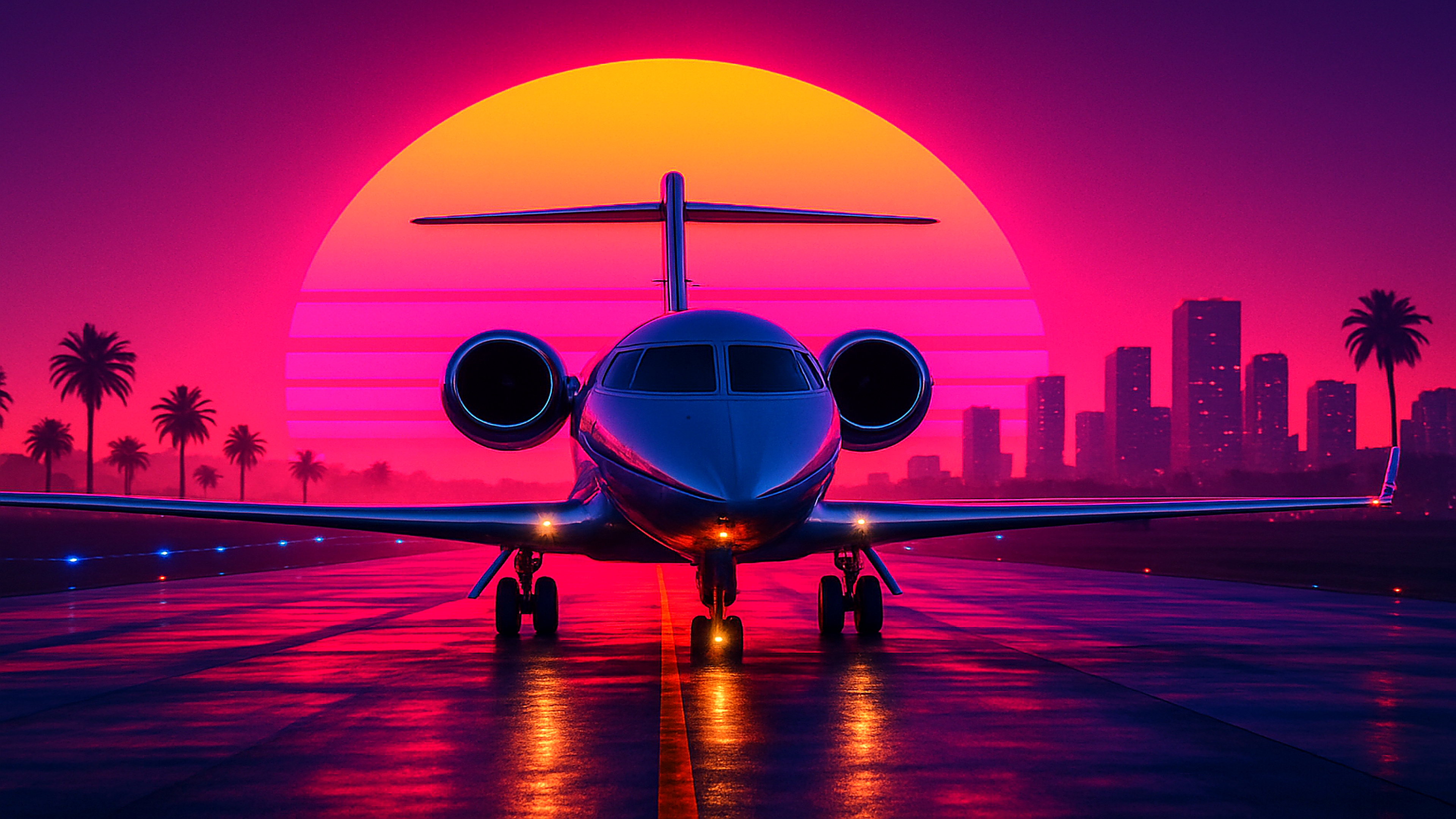 GTA VI Private Jet On Runway Neon Sunset Wallpaper