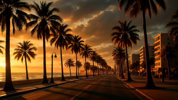 GTA VI Beach Boulevard Palm Trees Golden Hour Wallpaper