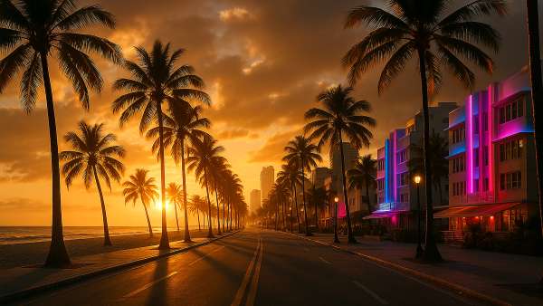 GTA VI Beach Boulevard Palm Trees Golden Hour Wallpaper