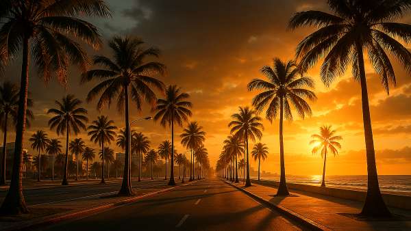 GTA VI Beach Boulevard Palm Trees Golden Hour Wallpaper