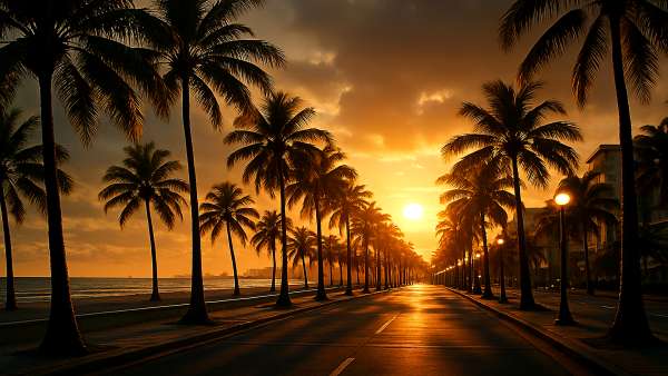 GTA VI Beach Boulevard Palm Trees Golden Hour Wallpaper