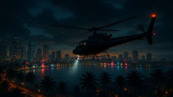 GTA VI Helicopter Flying Above Tropical City At Night Wallpaper