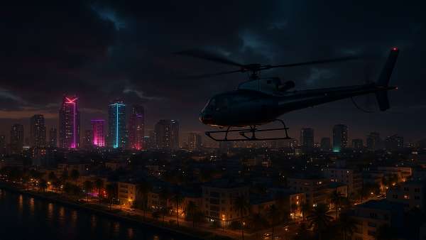 GTA VI Helicopter Flying Above Tropical City At Night Wallpaper