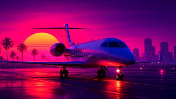 GTA VI Private Jet On Runway Neon Sunset Wallpaper