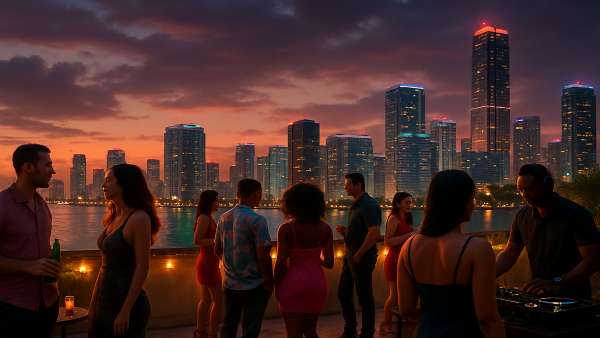 GTA VI Rooftop Party Modern Skyline Wallpaper