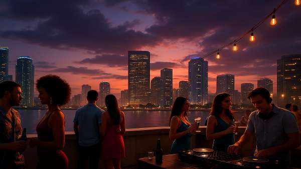 GTA VI Rooftop Party Modern Skyline Wallpaper