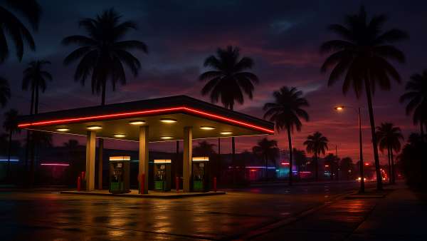 GTA VI Tropical Gas Station At Dusk Wallpaper