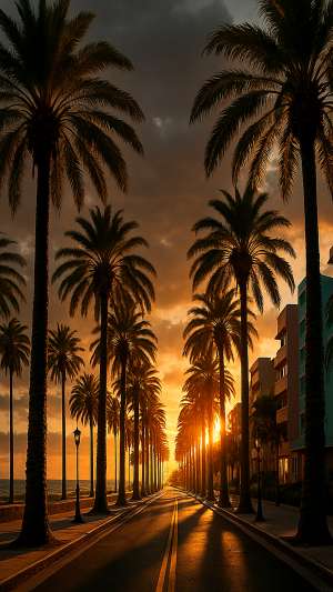 GTA VI Beach Boulevard Palm Trees Golden Hour Wallpaper