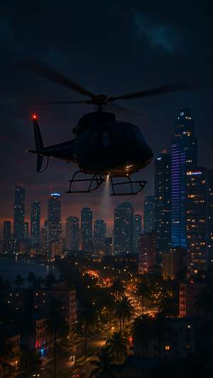 GTA VI Helicopter Flying Above Tropical City At Night Wallpaper