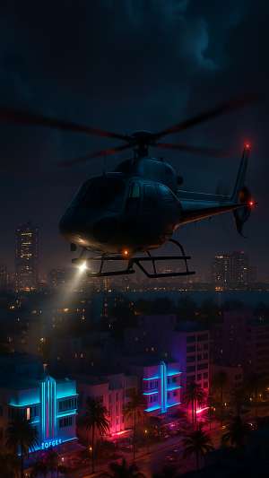 GTA VI Helicopter Flying Above Tropical City At Night Wallpaper