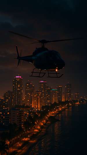 GTA VI Helicopter Flying Above Tropical City At Night Wallpaper