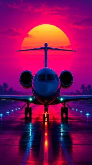 GTA VI Private Jet On Runway Neon Sunset Wallpaper
