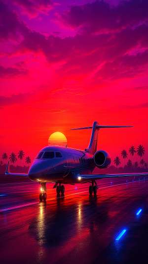 GTA VI Private Jet On Runway Neon Sunset Wallpaper