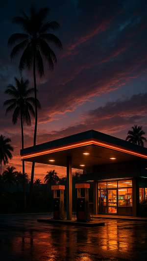 GTA VI Tropical Gas Station At Dusk Wallpaper